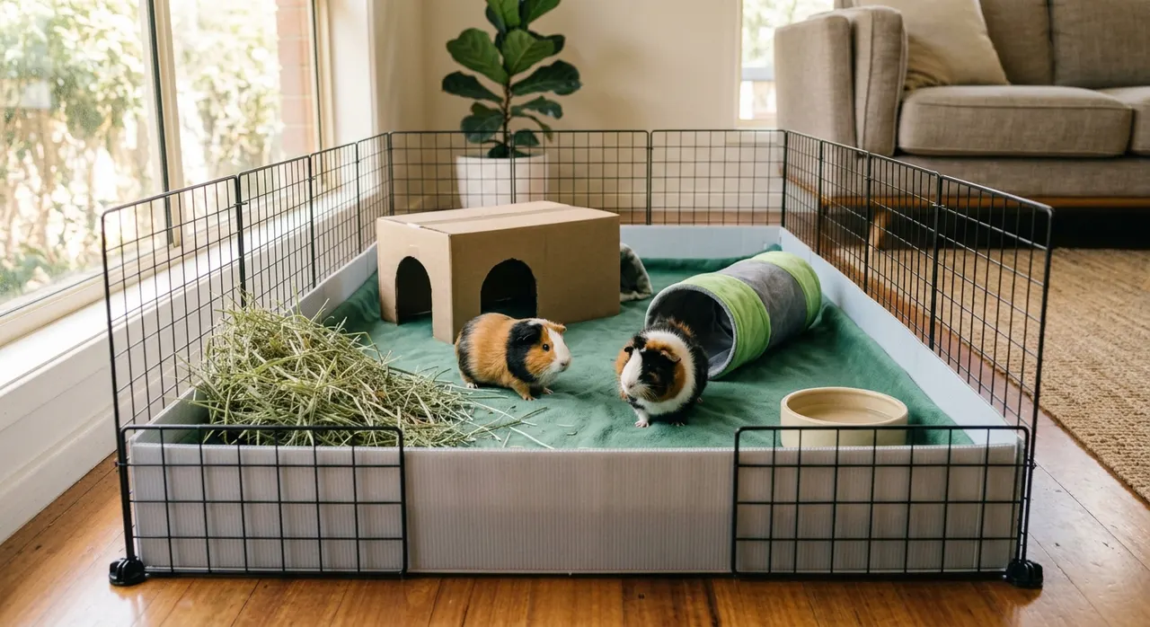 Low-cost C&C cage made from black storage-cube grids and a coroplast base, with a cardboard hide, fleece tunnel and hay pile