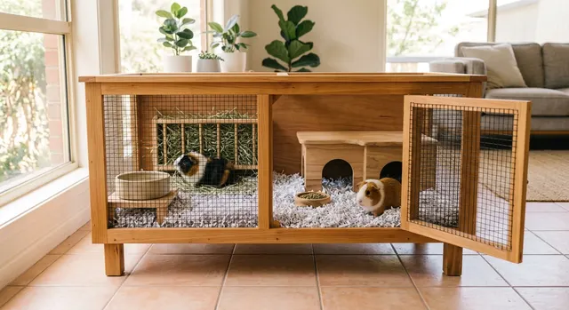 Indoor wooden cage with mesh front panels and an open door, containing paper bedding, a hay rack and a wooden hide