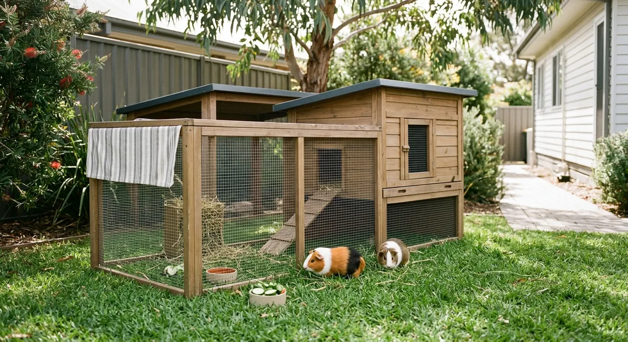 Timber outdoor hutch with an attached mesh run in an Australian backyard, with two guinea pigs grazing on the lawn