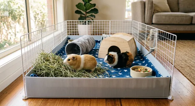 C&C cage with white grids and a grey coroplast base, holding two guinea pigs, hay, a wooden hide, a fleece tunnel and a water bottle
