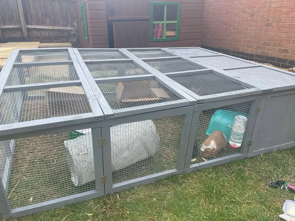 Large wooden outdoor run on grass with hinged mesh lids, a solid covered section and a hide
